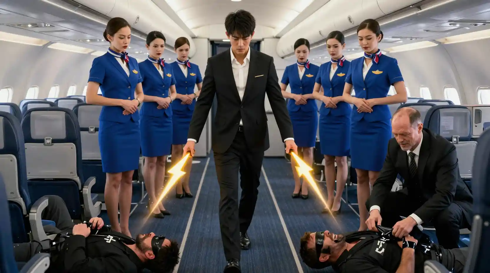 Superhero zapping terrorists in a chaotic airplane aisle
