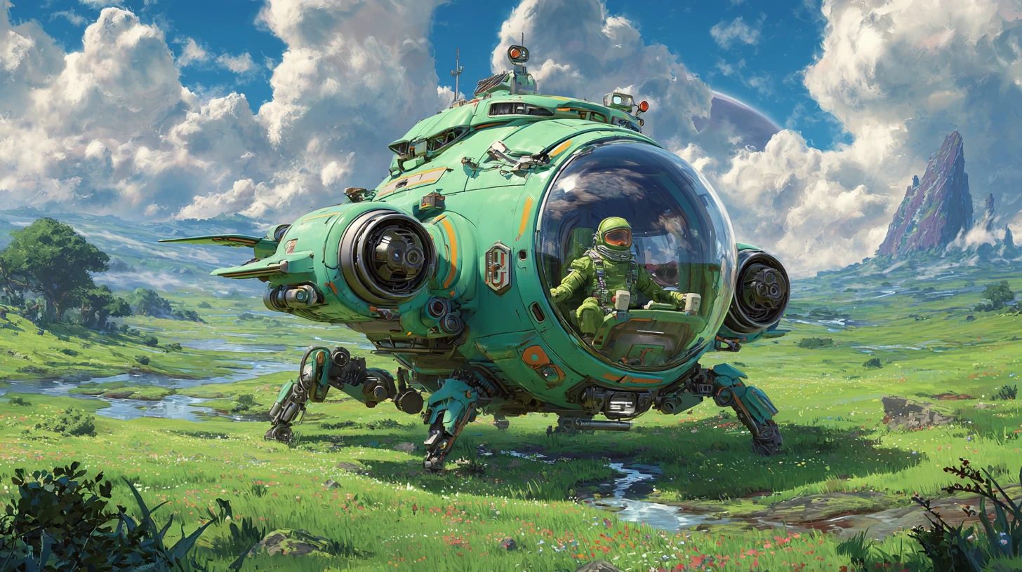 Small explorer spaceship landing on a lush green alien world