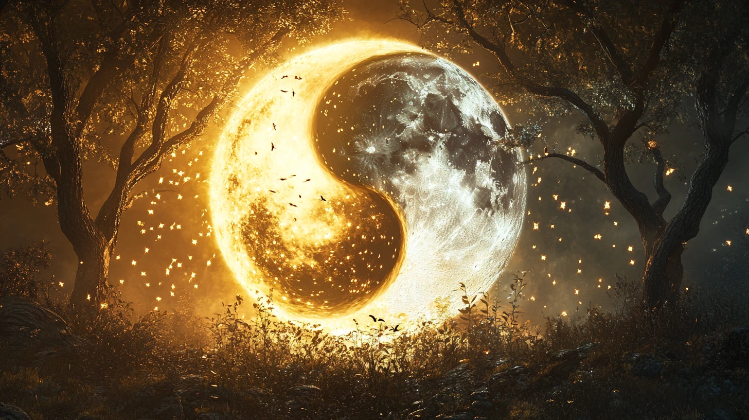 Foreste di sole e luna in yin e yang in un equilibrio circolare luminoso