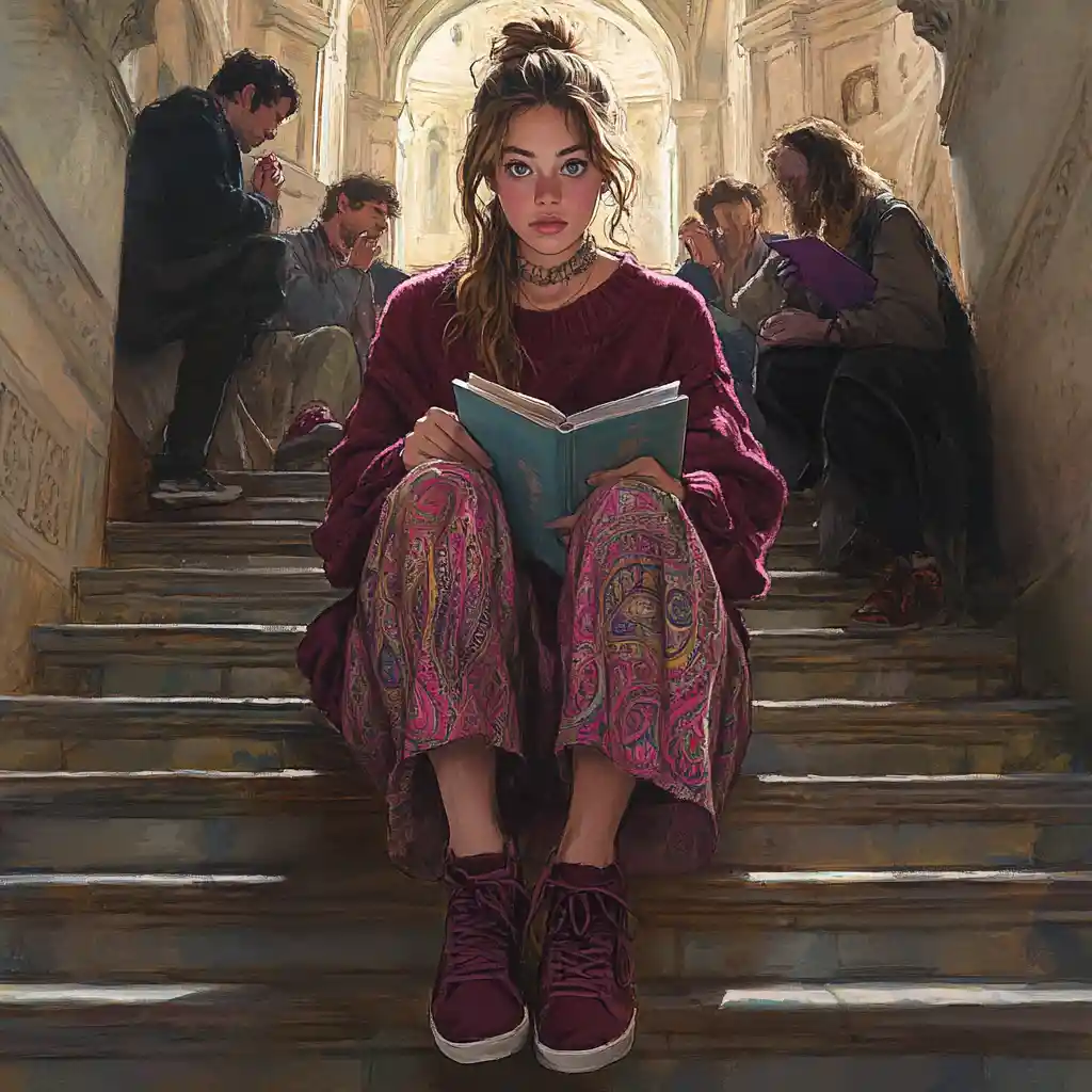 Giovane donna che studia su una grande scalinata di pietra