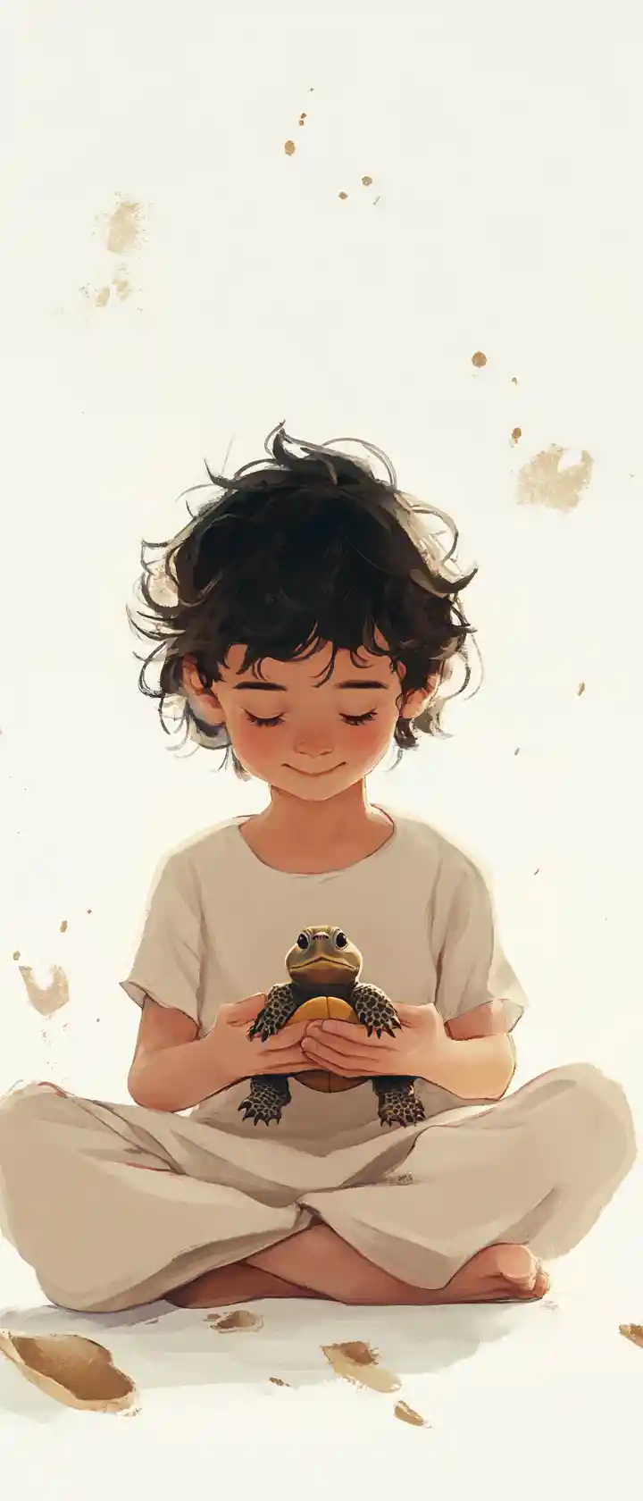 Kind hält eine kleine Schildkröte in sanfter Illustration