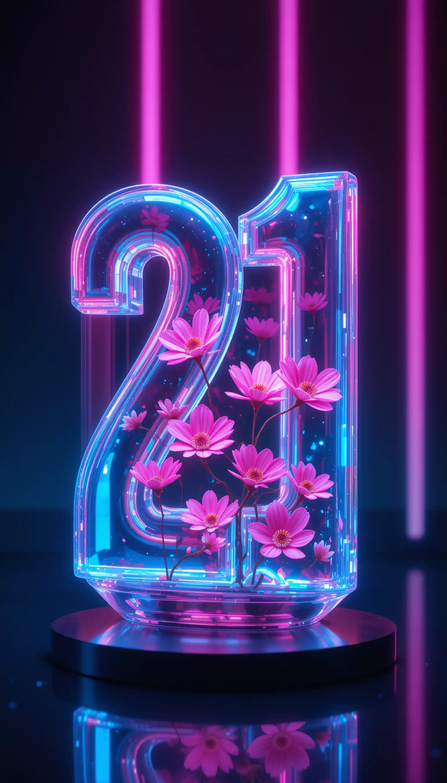 Glass Number 21 With Neon Flowers On Dark Reflective Surface