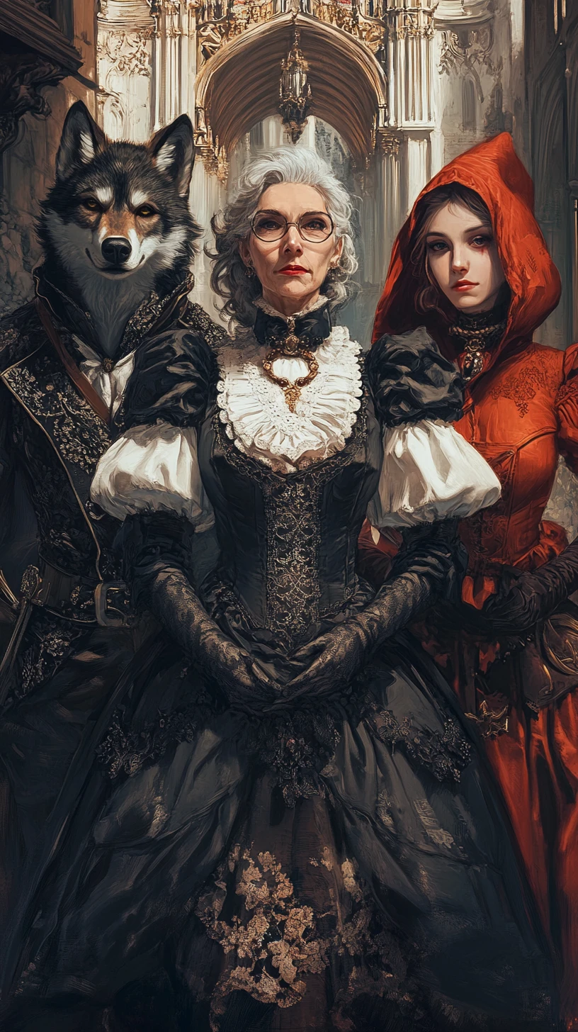 Tre personaggi davanti a un castello gotico in stile anime