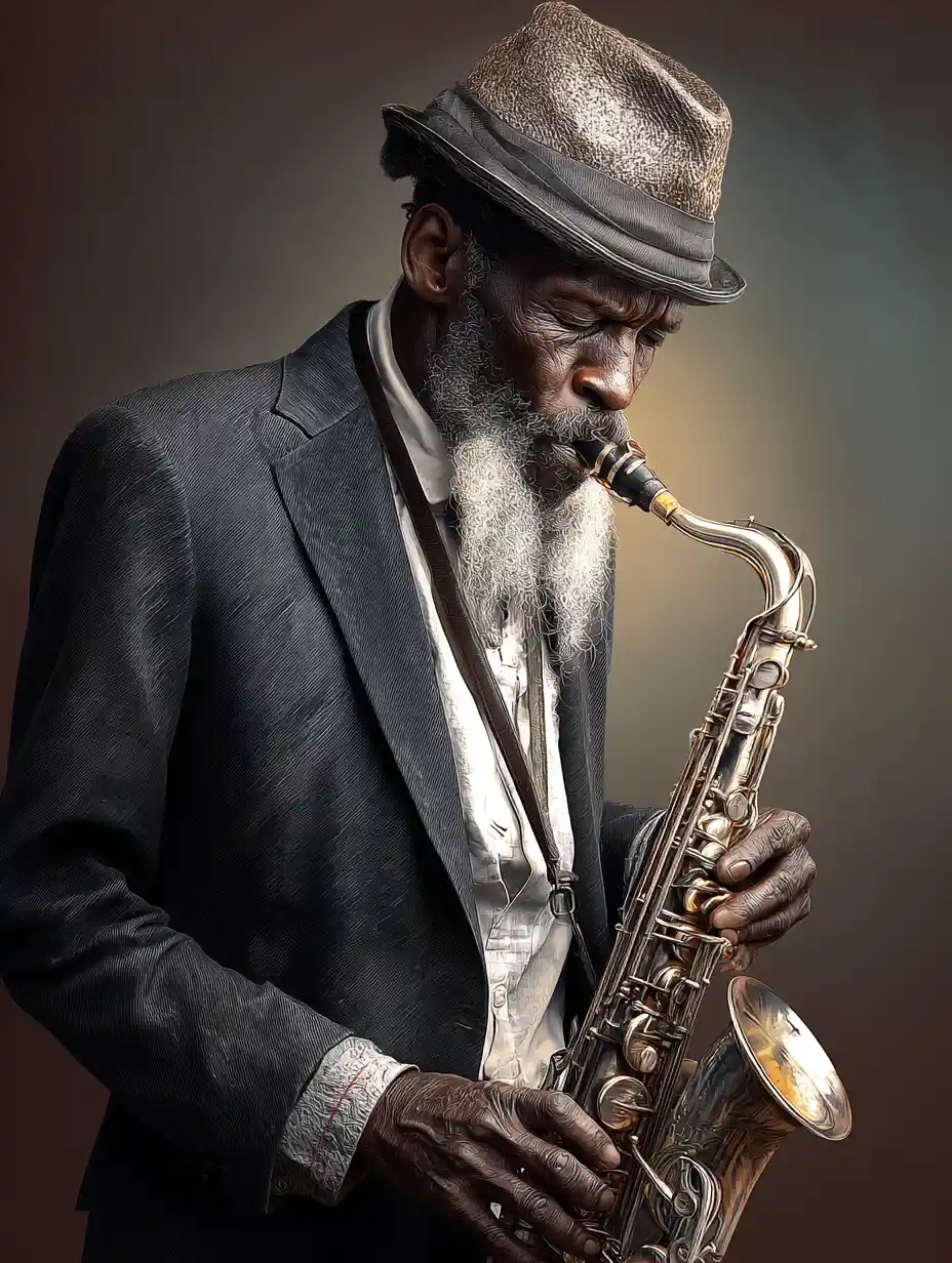 Sassofonista jazz anziano in abito e cappello con luce soffusa e romantica