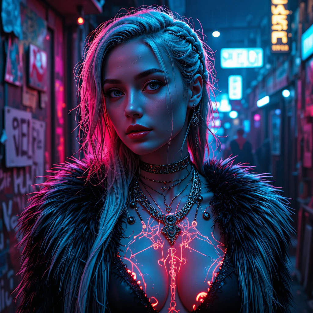 Donna cyberpunk nelle ombre al neon con tatuaggi di circuiti luminosi