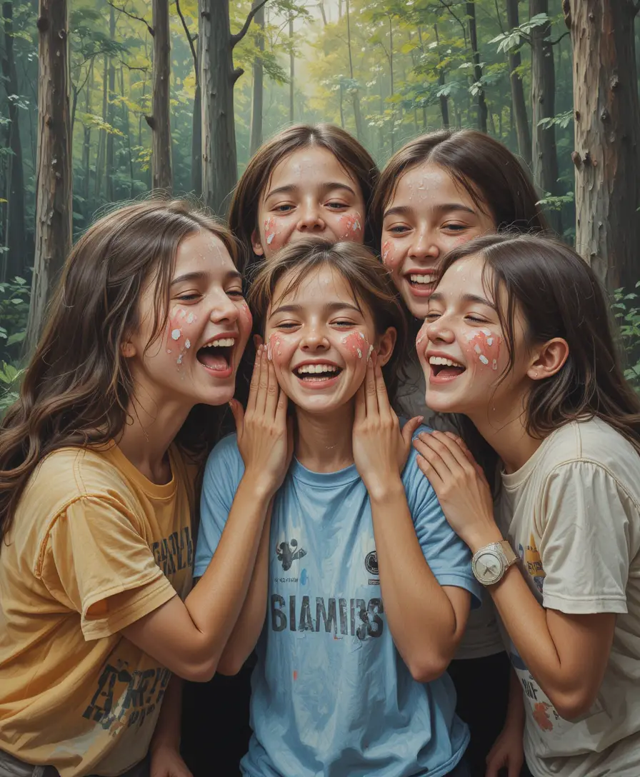 Adolescenti che ridono mentre si lanciano torte in una foresta