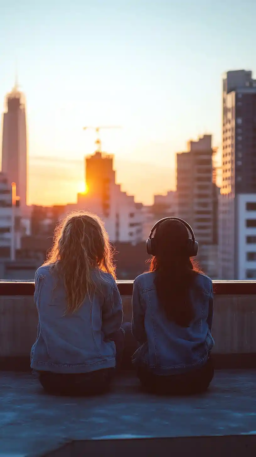 Zwei Freunde teilen sich Kopfhörer auf einem Dach bei Sonnenuntergang