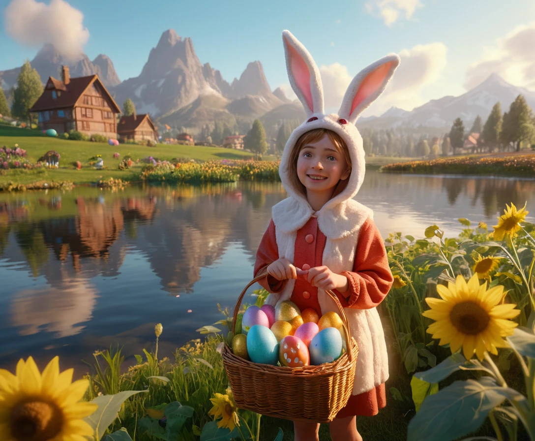 Joyful girl in rabbit costume by a golden sunrise lake