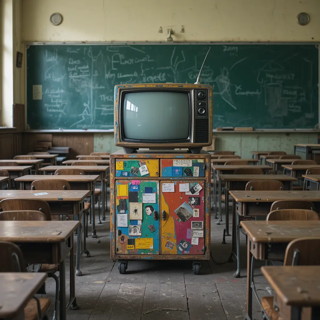 Salle de classe rétro avec télévision vintage sur chariot coloré