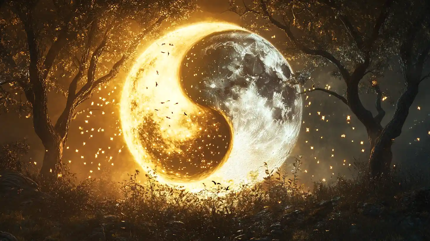 Yin yang sun and moon forests in glowing circular balance