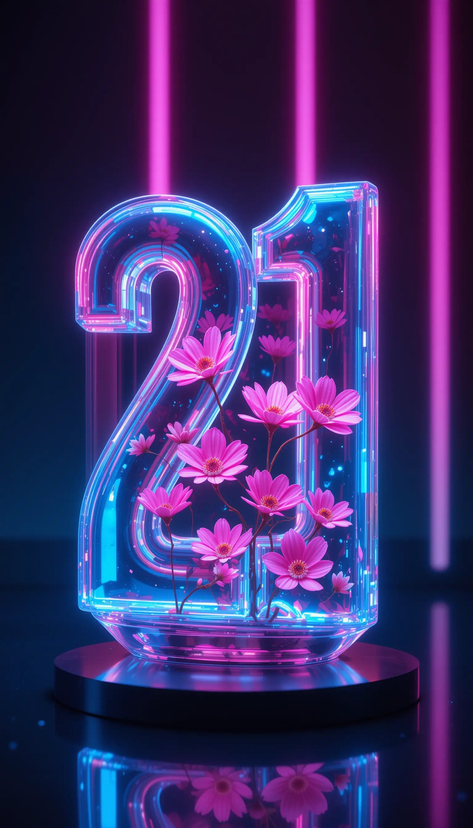 Glass Number 21 With Neon Flowers On Dark Reflective Surface