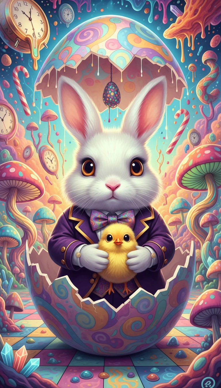 Cute white rabbit in a cracked easter egg suit scene
