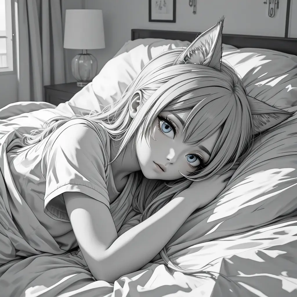 Schwarz-weiße 3D-Anime-Girl, die auf einem Bett liegt