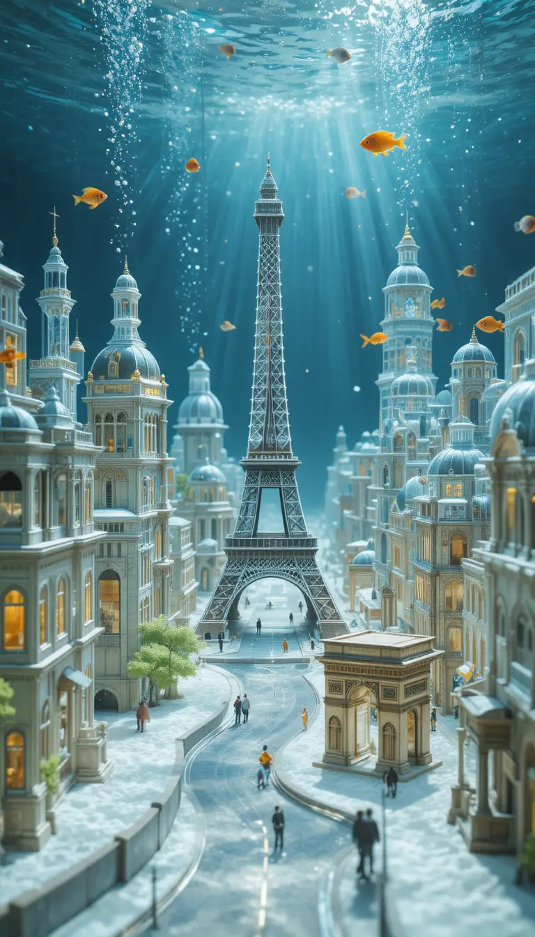 Miniatur-Stadtbild von Paris aus Glas in einem leuchtenden Aquarium
