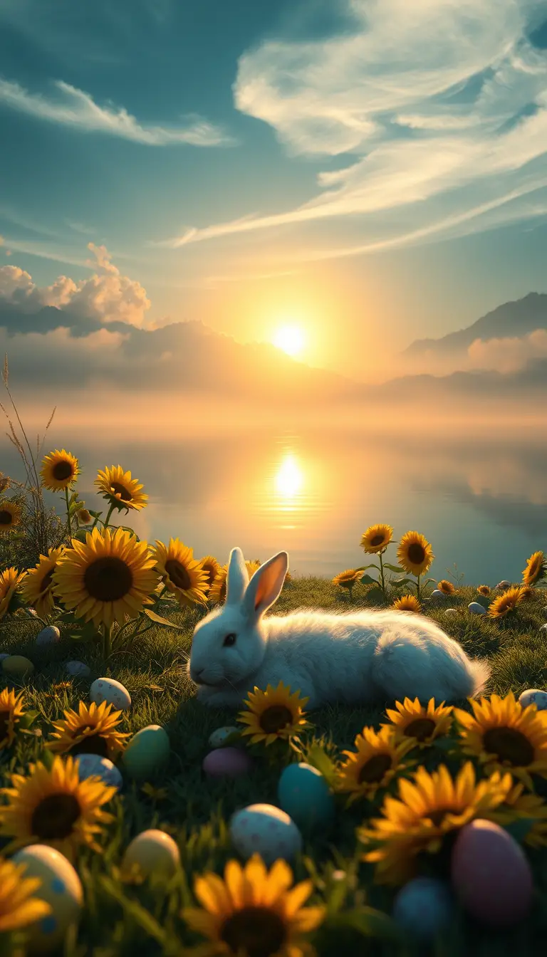 Coniglio bianco che dorme accanto a un lago dorato all’alba