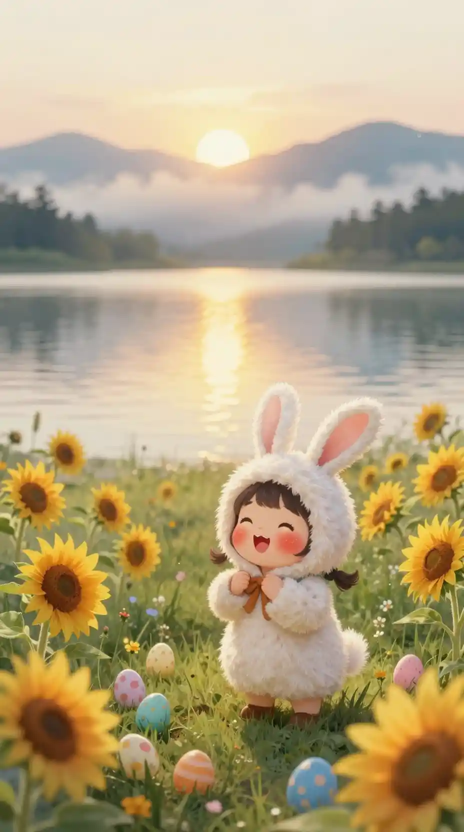 Ragazza in Costume da Coniglio al Lago all’Alba con Girasoli