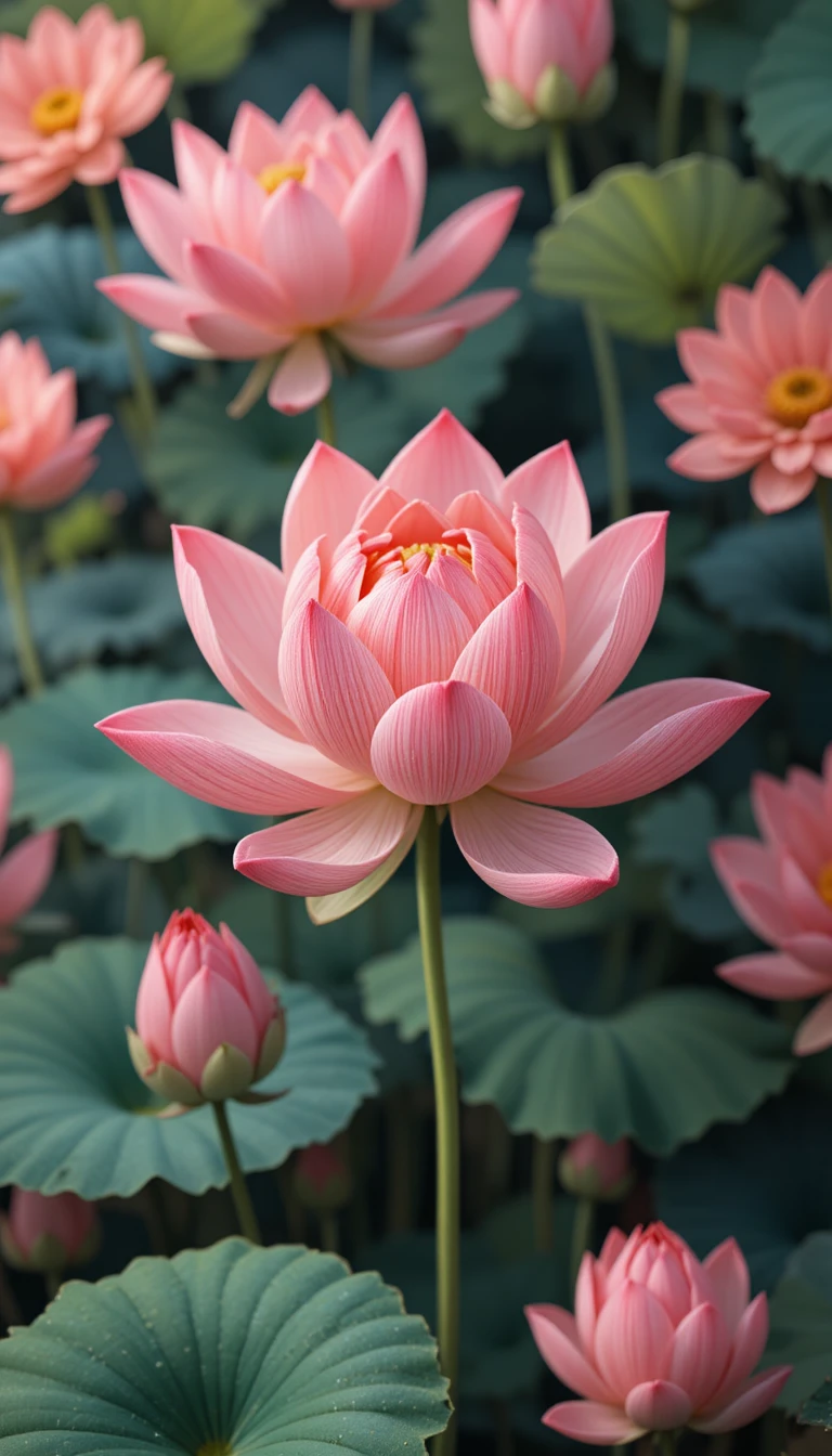 Motif floral 3D fantaisiste avec fleurs de lotus roses en pleine floraison