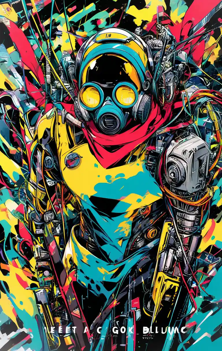 Battle damaged cyborg with gas mask and red scarf