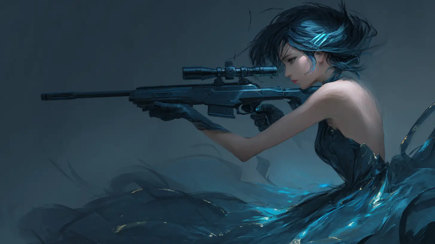 Mujer etérea desvaneciéndose en humo con rifle de francotirador azul