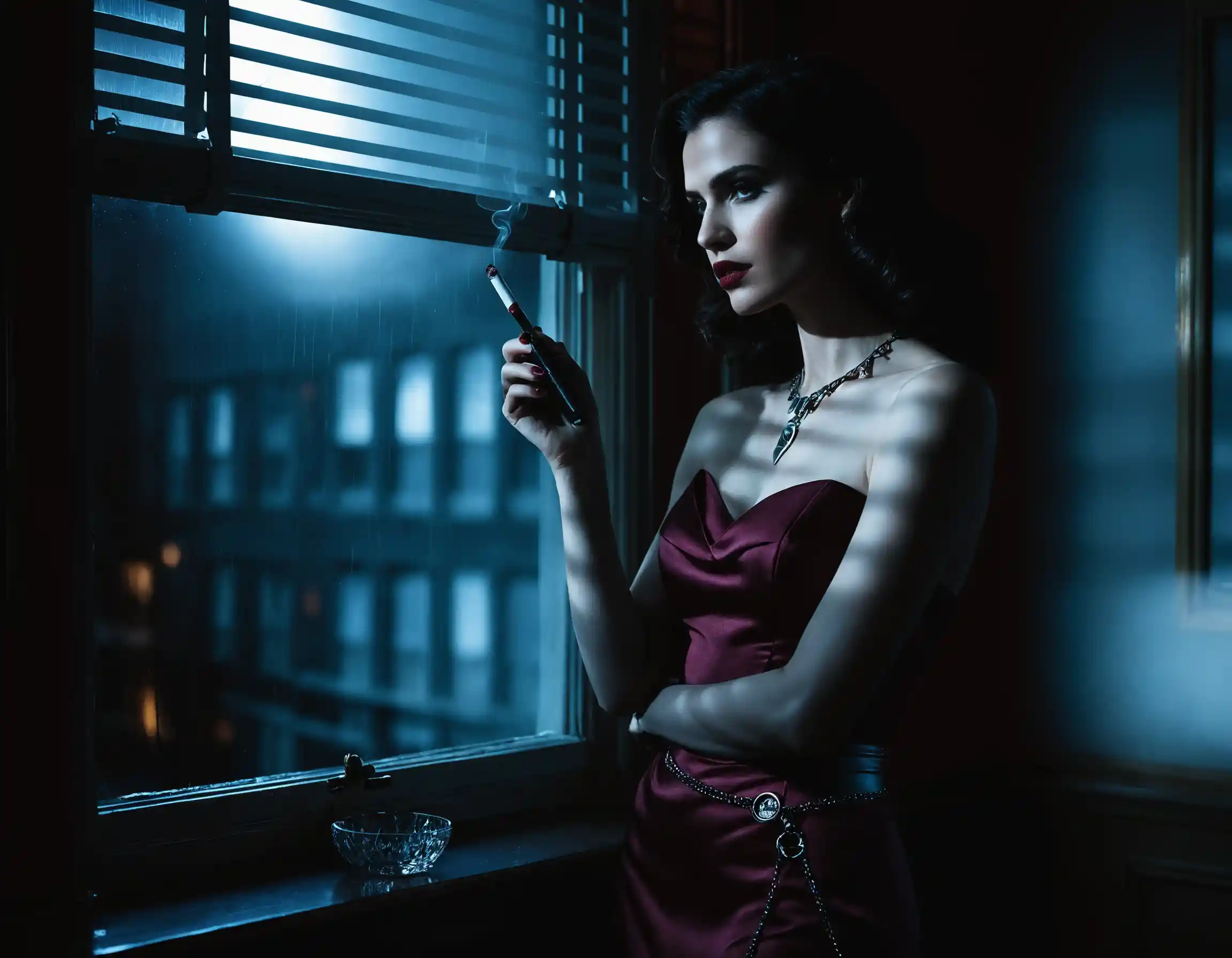 Femme fatale noir alla finestra di un ufficio da detective illuminato dalla luna
