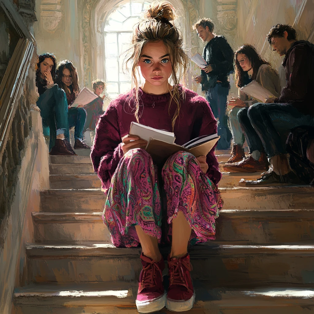 Young woman studying on a grand stone staircase