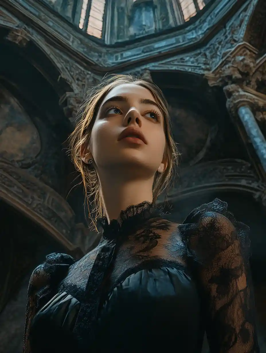 Joven mujer en una oscura galería de arte cyberpunk
