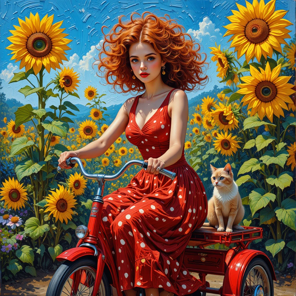 Girl on red tricycle riding through a sunflower garden