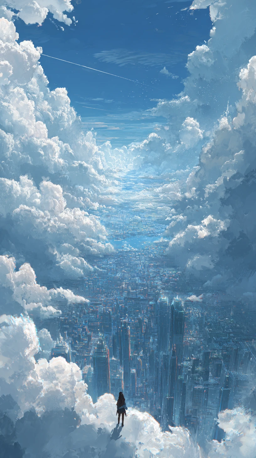 Woman summoning a falling meteor above a vast city