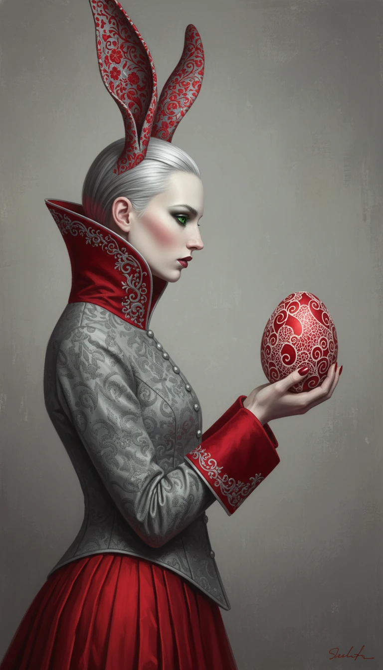 Fantasy woman with rabbit ears holding ornate red egg