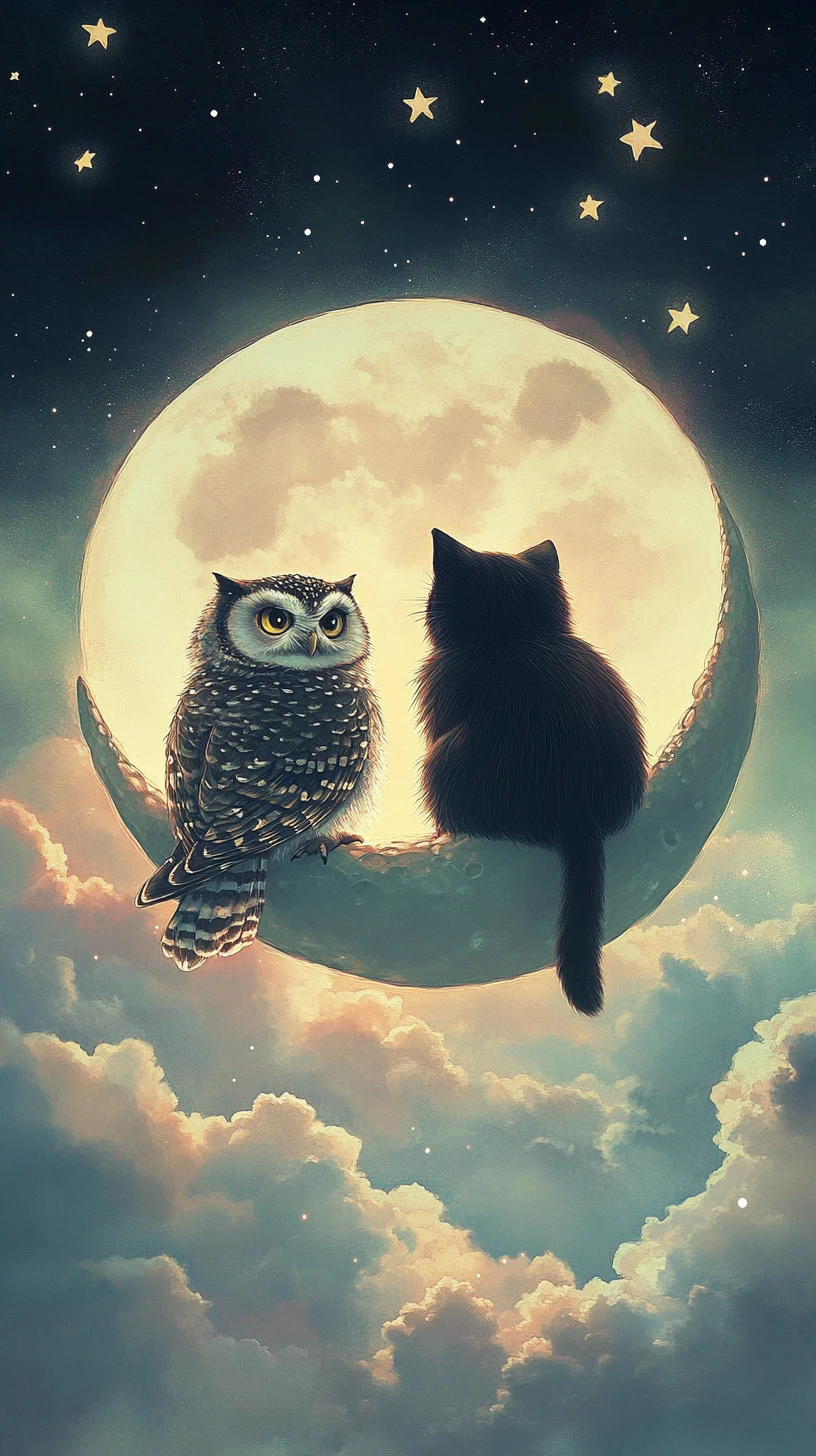 Cat And Owl Sitting Together On A Crescent Moon