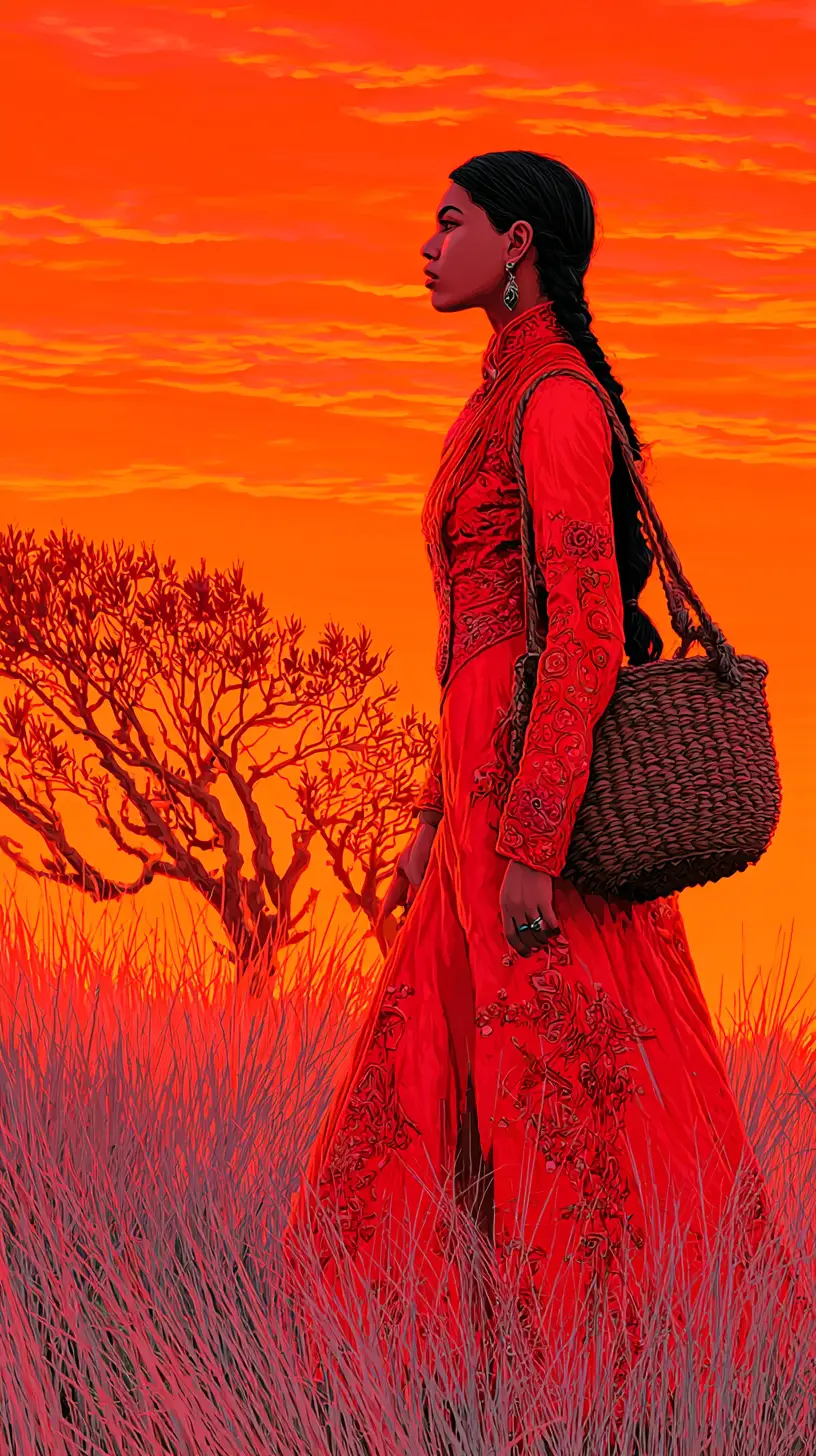 Young girl in red dress at sunset field