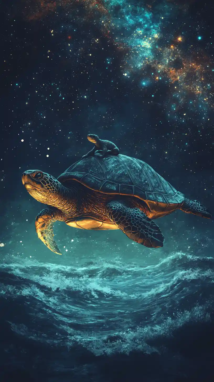Ancient turtle and glowing serpent crossing a starry ocean