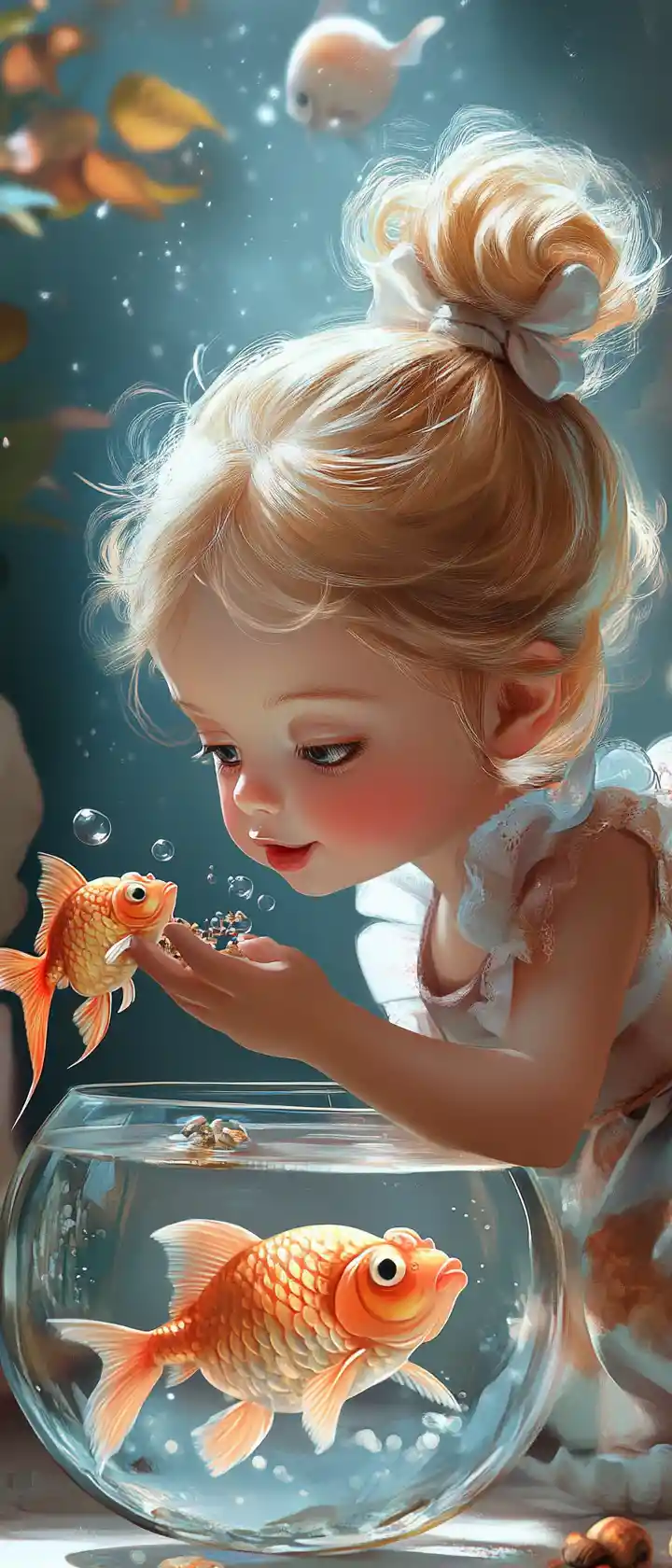 Bambina che dà da mangiare ai pesci rossi in una cameretta accogliente