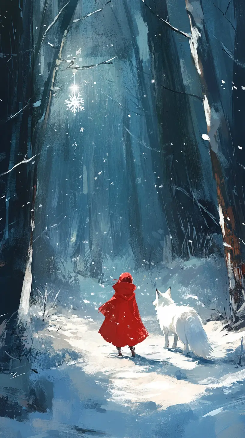 Little girl and white fox walking in snowy watercolor forest