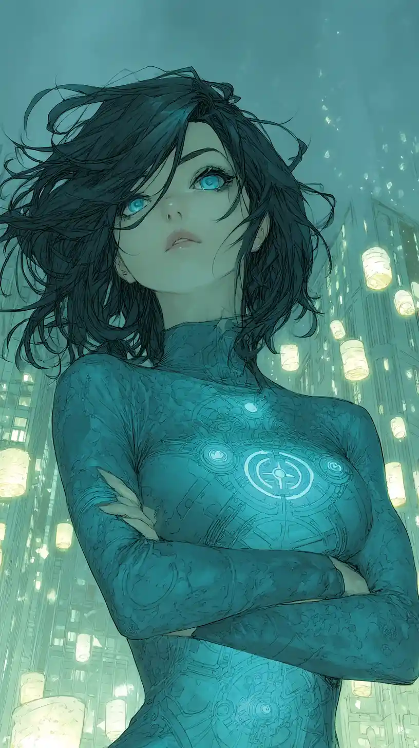 Determinata ragazza anime in tuta luminosa sopra la città notturna