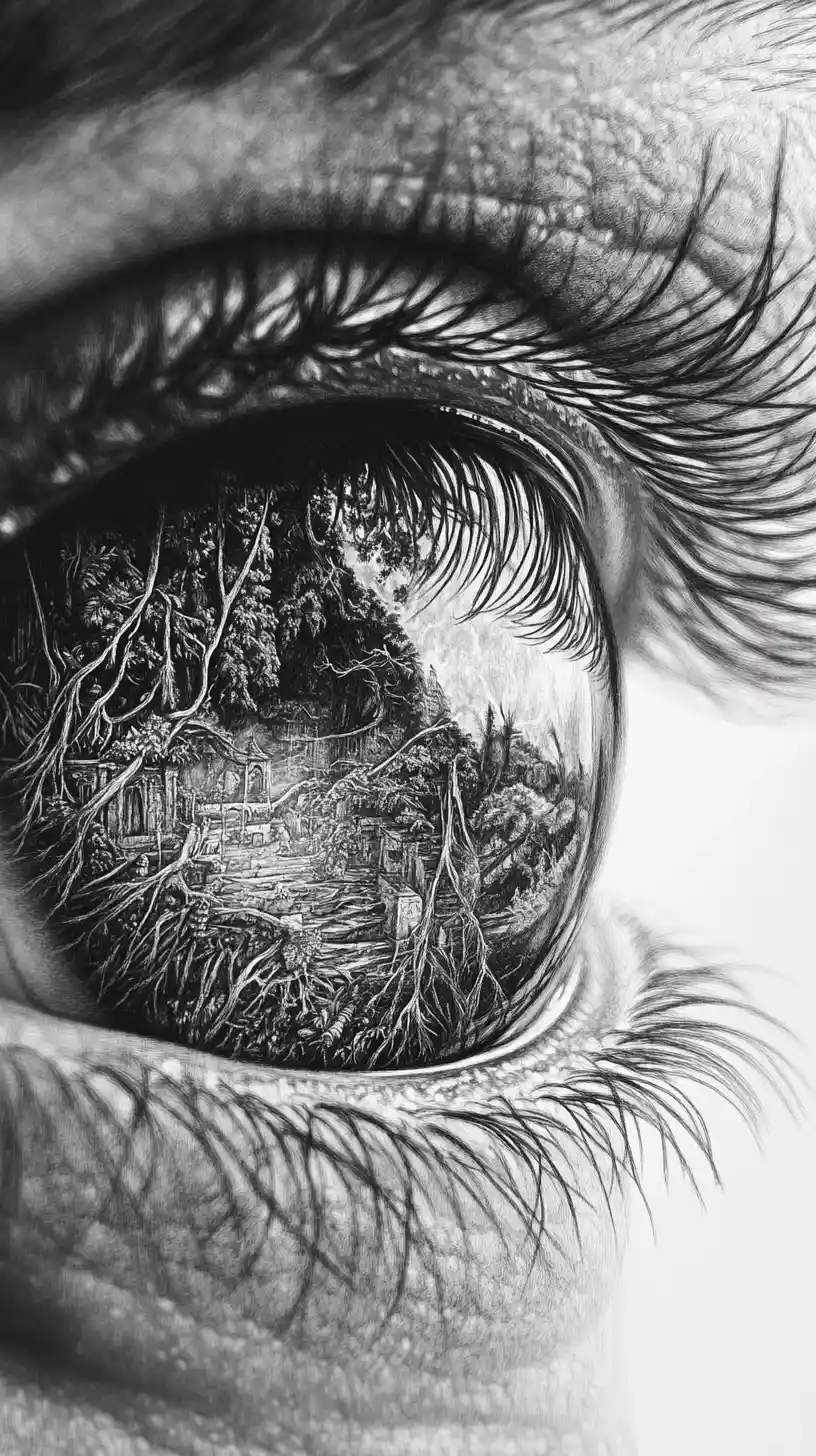 Primo piano di un occhio di elfo con riflesso surreale di foresta fantasy