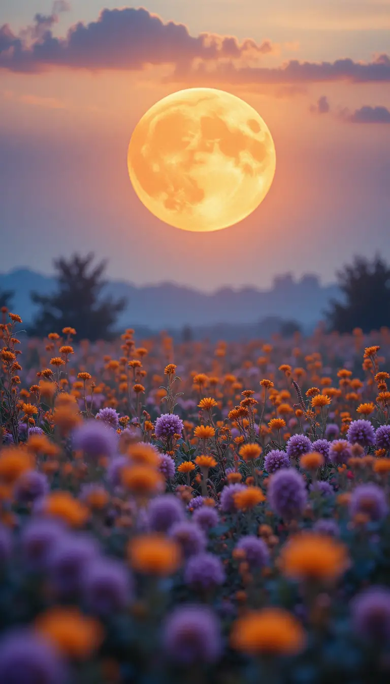 Vollmond über einem violetten Blumenfeld im Mondlicht