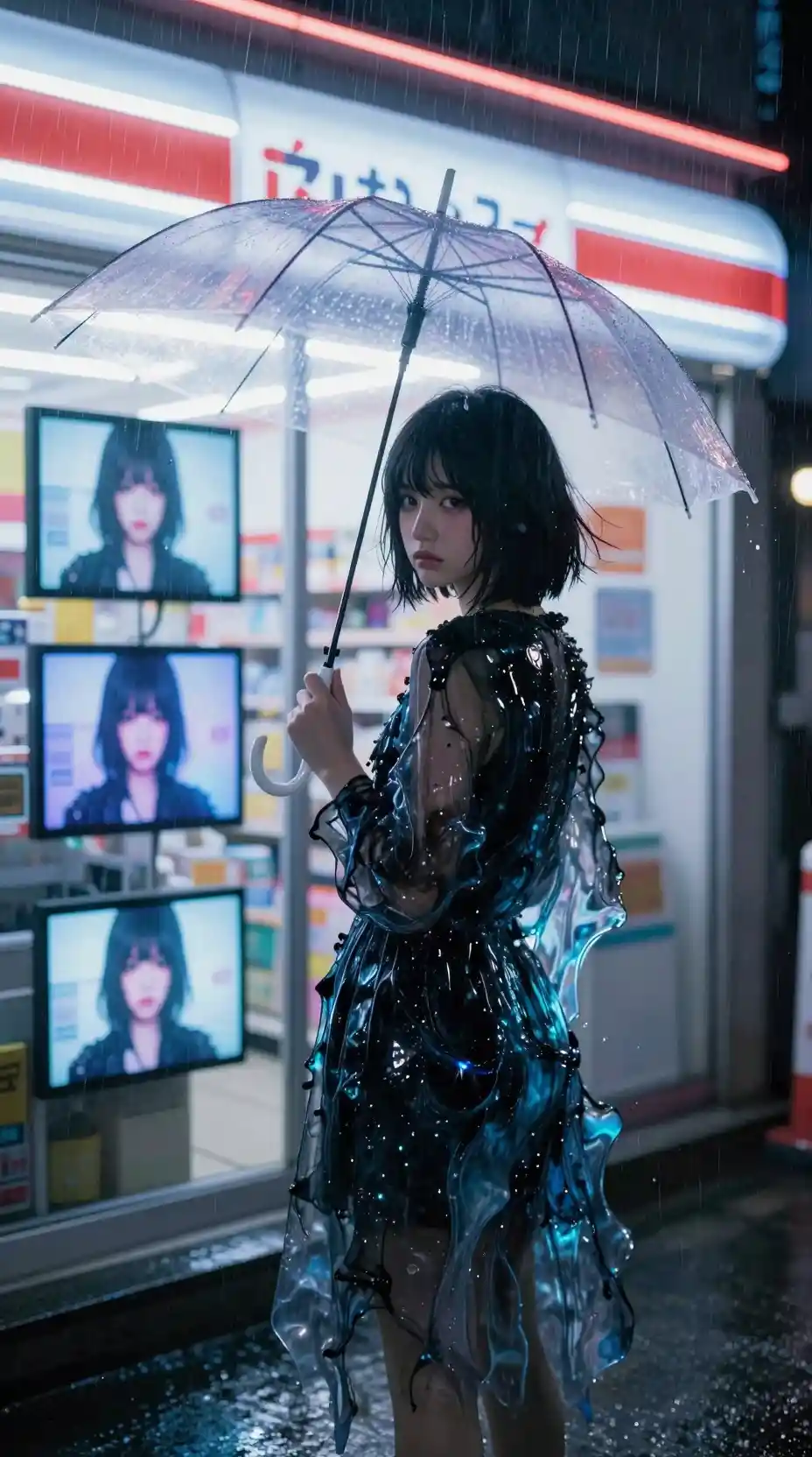 夜の日本の店先で透明な傘をさす少女