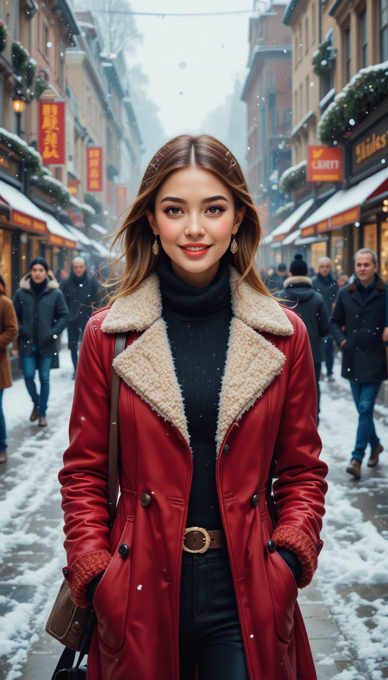 Smiling woman in winter city street with gentle snowfall
