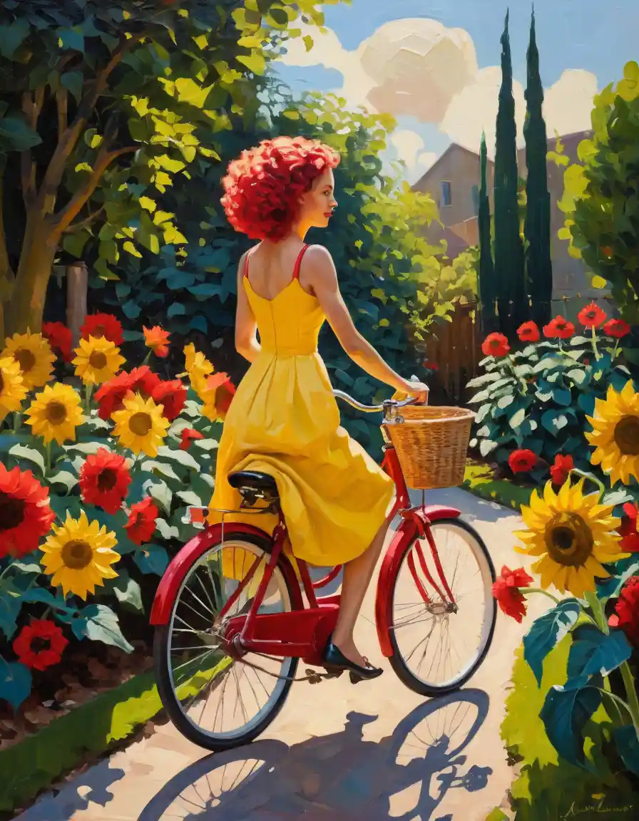 Donna colorata in bicicletta tra i girasoli in un giardino luminoso