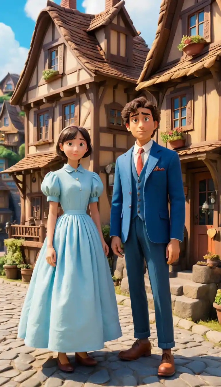 Cartoon couple enjoying a cozy day in a small village