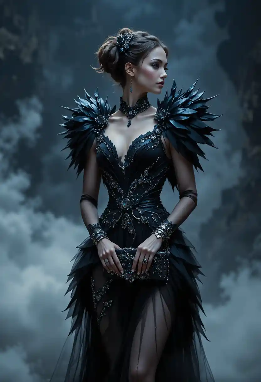 Dunkler Engel: Couture-Frau in dramatischer Studio-Pose