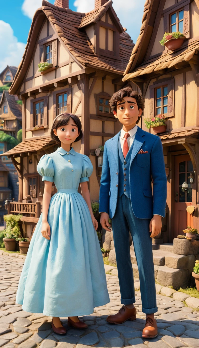 Couple de dessin animé profitant d’une journée cosy dans un petit village