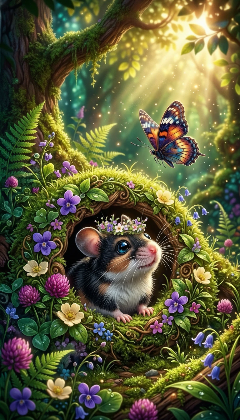 Adorable petite souris dans un terrier de jardin fleuri avec papillon