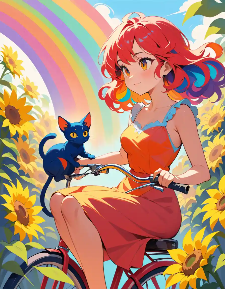 Girl on red bicycle in a sunflower garden painting