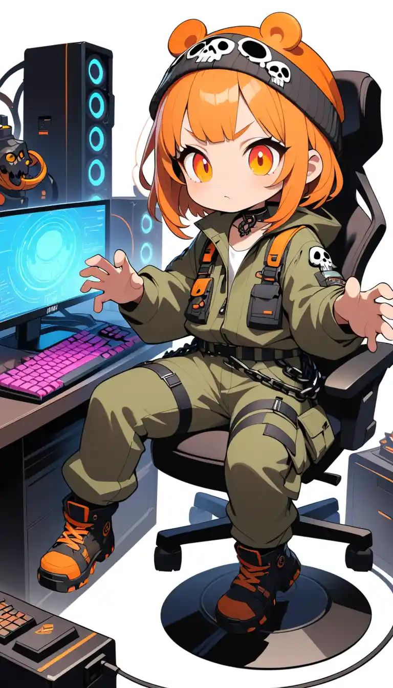 Chibi-Gamer an industriellem Battlestation-Setup mit leuchtendem PC
