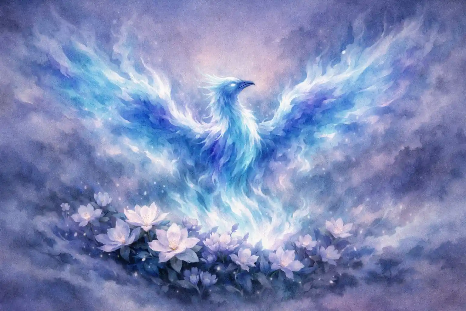Fênix em aquarela surgindo de flores que desabrocham à noite