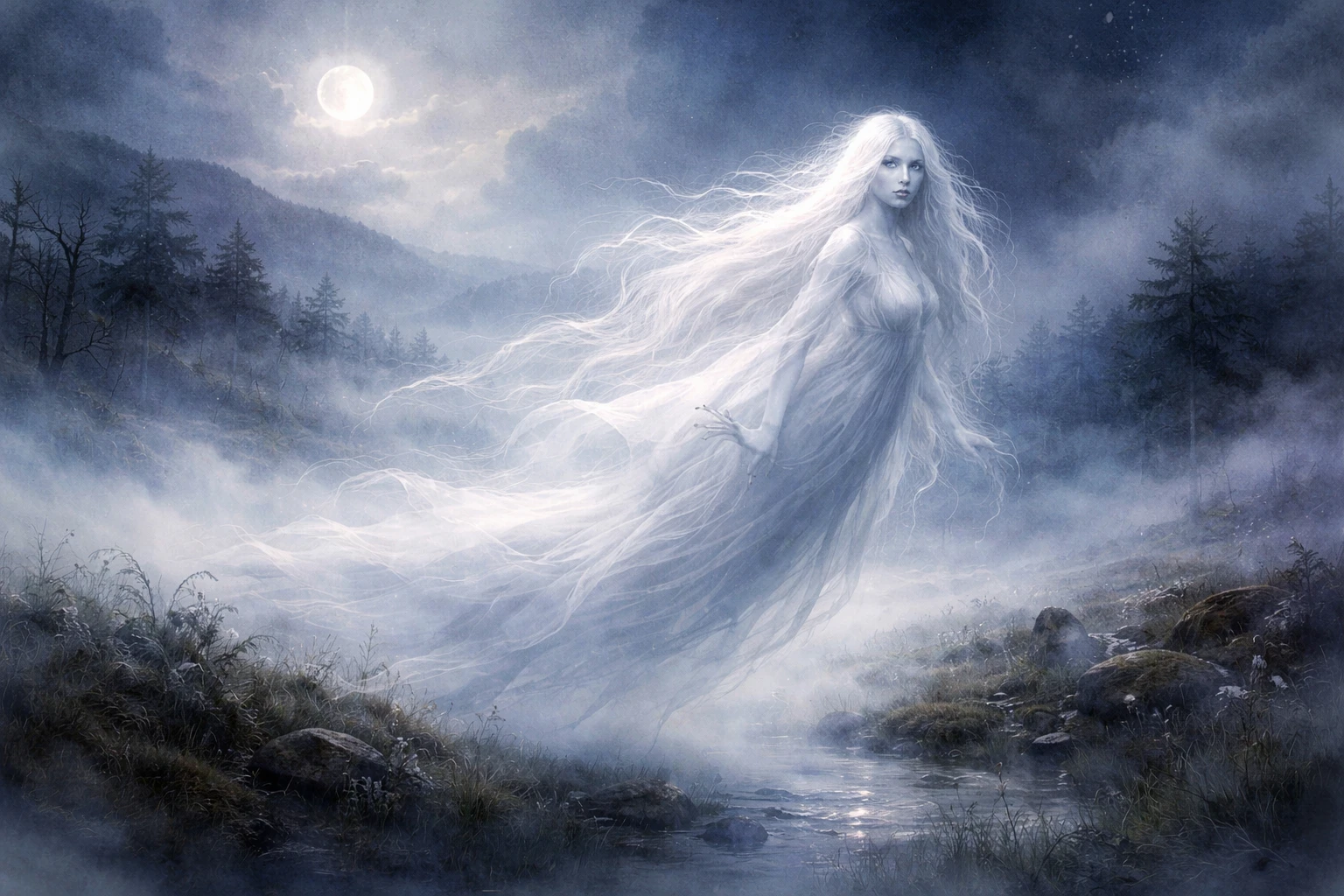 Ethereal banshee drifting over misty moonlit moorlands
