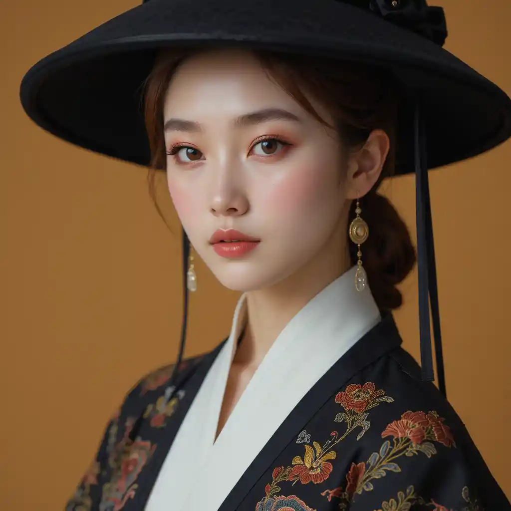 Jeune femme coréenne en hanbok, portrait avec casquette en velours