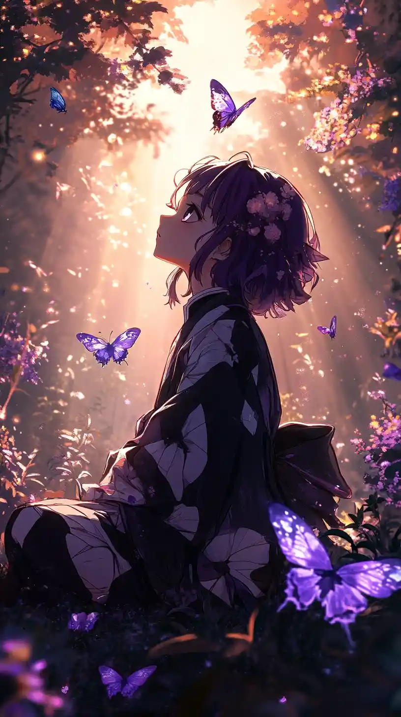 Anime girl in a glowing garden under a purple sky